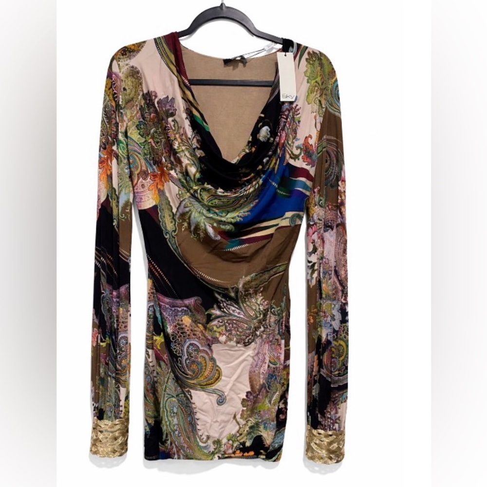 Sky Dress women’s large Mini multicolored floral cuff Bodycon long sleeves - Picture 2 of 14